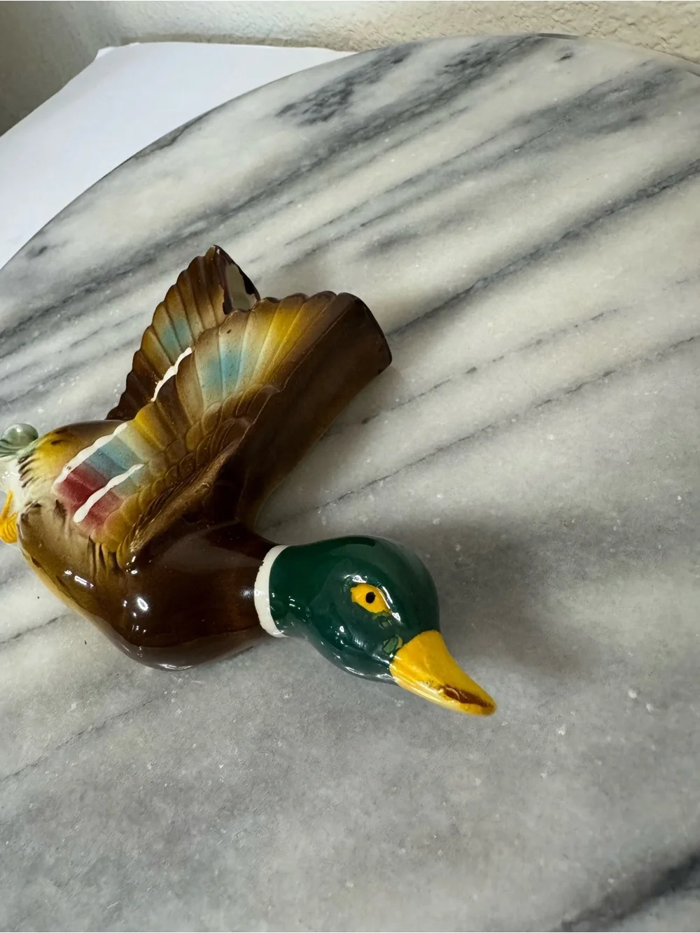 Vintage Hand-Painted Flying Mallard Wall Pocket Decor - Green/Brown